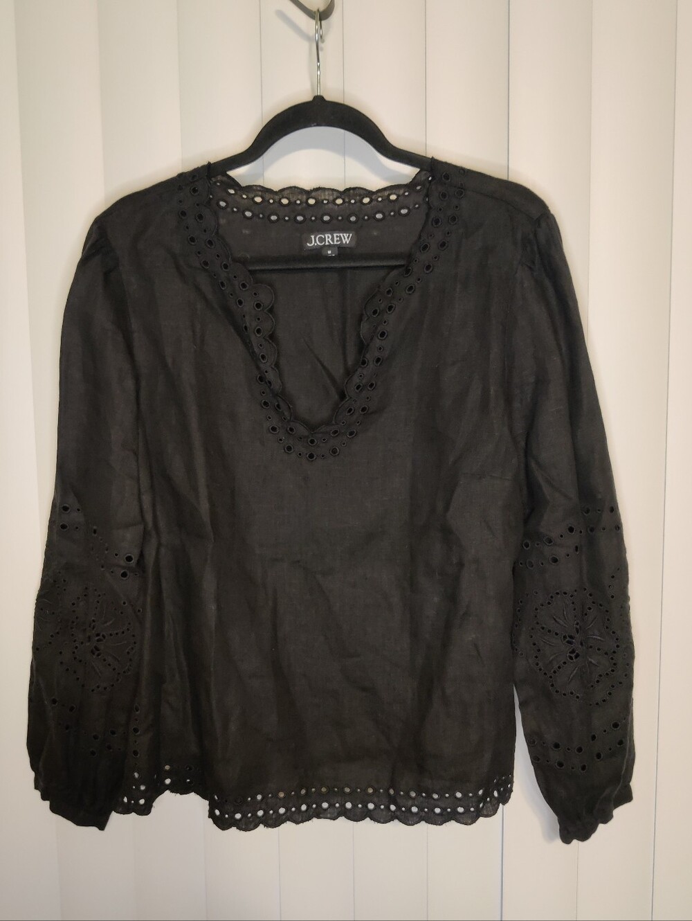 J.Crew Black Eyelet-Trim Linen Blouse